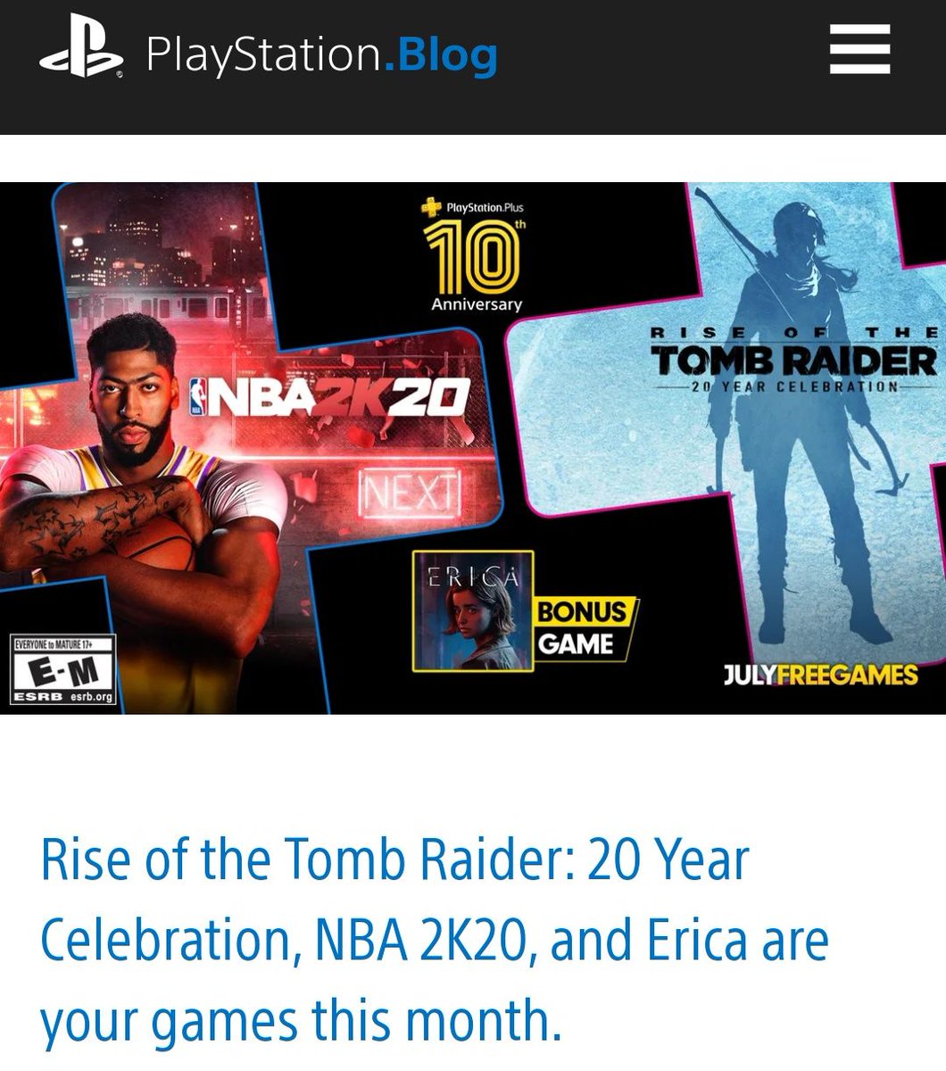 Calculated_Comp's tweet image. via #PlayStation #Free #PSPlus #Games for #July #2020 are #RiseOfTheTombRaider #NBA2K20 &amp;amp; #Erica 

#CalculatedComputers #GameDeals #GamingNews #Gaming #Sony #TombRaider #NBA #PlayStation4 #PSVita