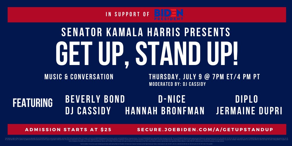 KamalaHarris's tweet image. Excited to announce ‘Get Up, Stand Up’ — a dance party and conversation with our nation’s top DJs — all to support @JoeBiden. Be among the first to get your tickets:
secure.joebiden.com/a/getupstandup…