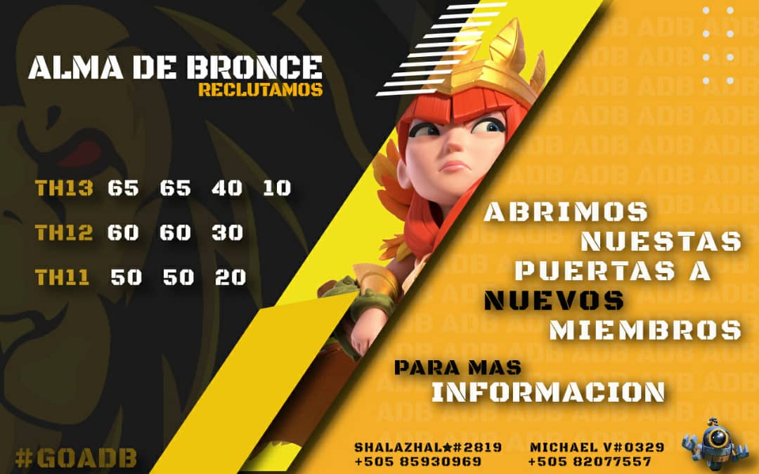 Un saludo cordial a todos, estamos reclutando jugadores para futuros torneos desde TH11 en adelante.

Si gustas pertenecer a nuestra familia ven a unirte a nuestro servidor de discord.

Link:discord.com/invite/CSuyssA