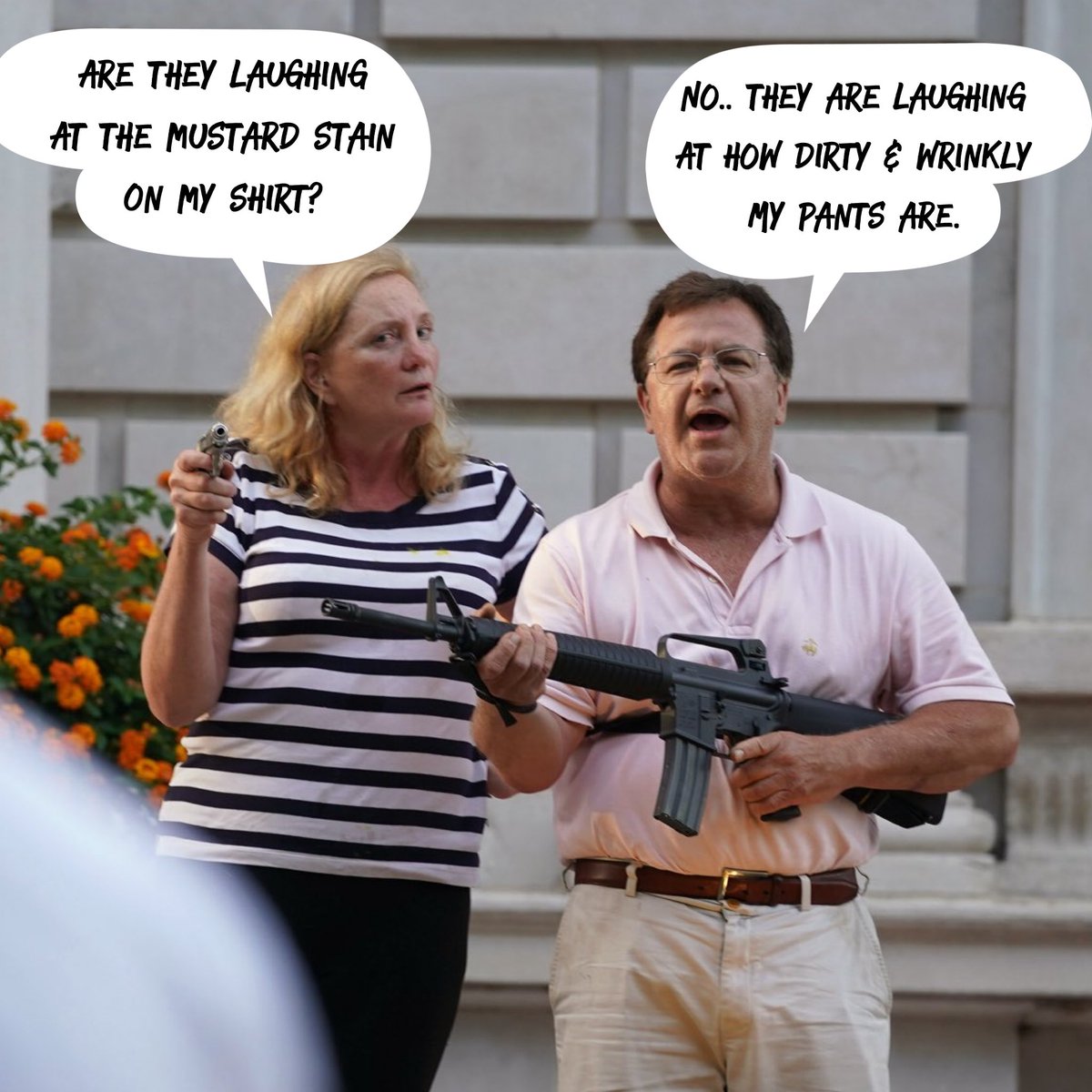 StevenLongJR's tweet image. Their security guards AND their maid must be on vacation because they obviously aren’t used to holding guns or keeping their clothes looking presentable. 
#guncouple #stlouisprotests