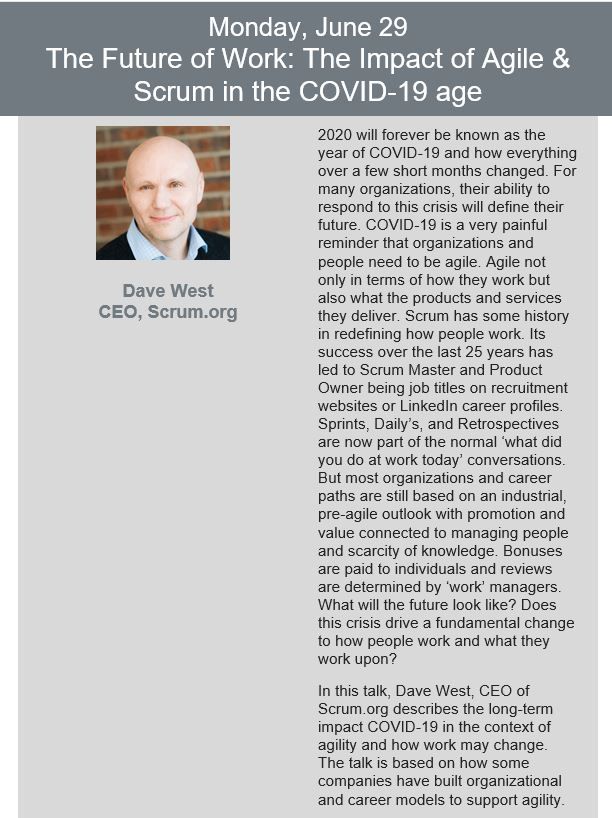 We are down to the last 2 talks for our Virtual Conference. Don't miss today's session with Dave West, CEO of Scrum.org

buff.ly/3bPrNfH #agileshift2020