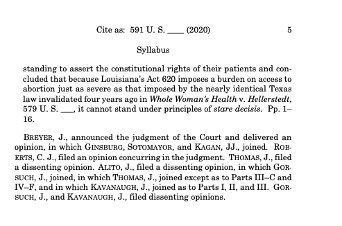 We have an opinion in June Medical, written by Justice Breyer, striking down the Louisiana TRAP law as unconstitutional! #MyRightMyDecision
