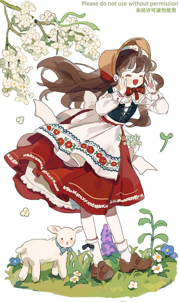 1girl flower brown hair closed eyes apron long hair rabbit  illustration images