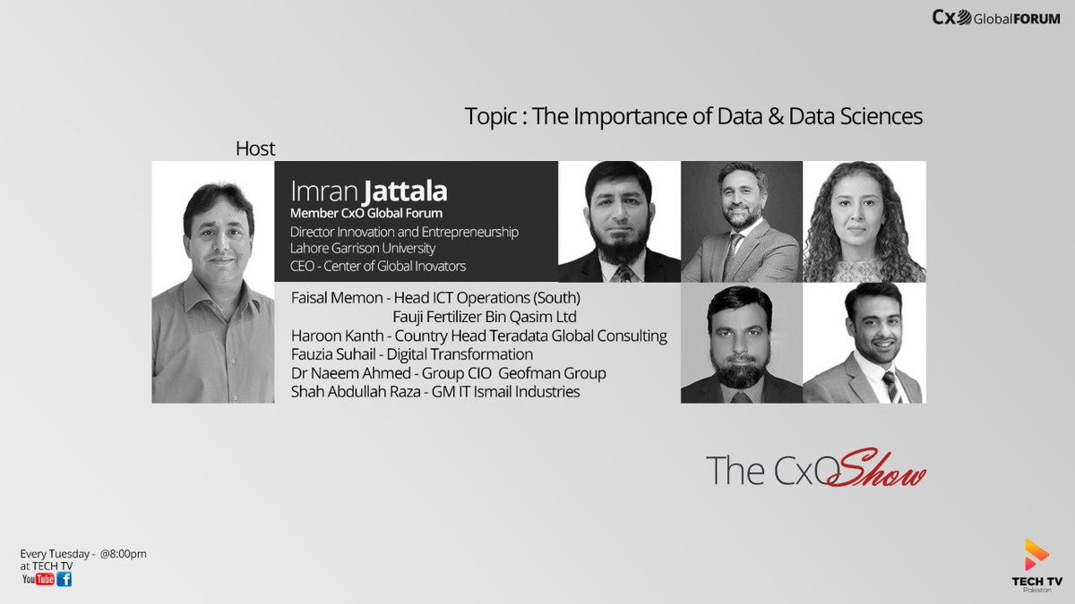 ConsultCGI's tweet photo. The #CxO show 📺
Topic:The importance of Data & Data Science
Host: @ImJattala CEO @ConsultCGI
Speakers
Faisal Memon #FaujiFertilizer
Fauzia Suhail #Consultant
@HRKanth @Teradata
@DrNaeemAhmed #Geoman
@adeee83 #IsmailIndustries
June 30th,⌚08:00 PM PST
https://t.co/UULsnjFsmh https://t.co/cC2Ge6UaRf
