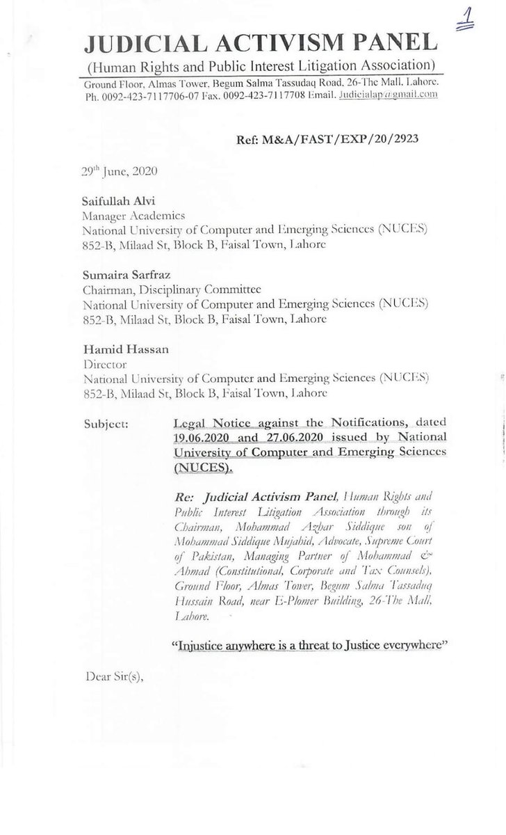 InshalK96's tweet photo. A legal noticed issued to the culprits in FAST management to withdraw their fascist penalties on students involved in the issue of posting memes regarding FAST NU in a private Facebook group.
#shameonFAST
#boycottFAST
#Judicialactivismpanel https://t.co/t5OtPeQGh1