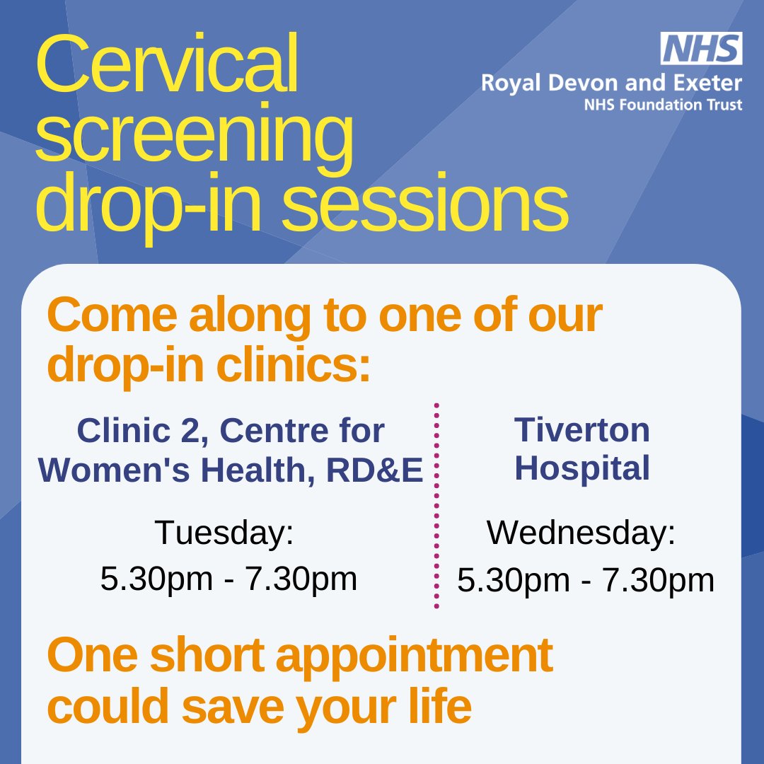 1 in 4 women don't attend their #cervicalscreening appointment. Have you had yours?

Cervical screening drop-in clinics at the RD&amp;E and Tiverton Hospital will be running again from this week. To contact the clinic please call 01392 406500.