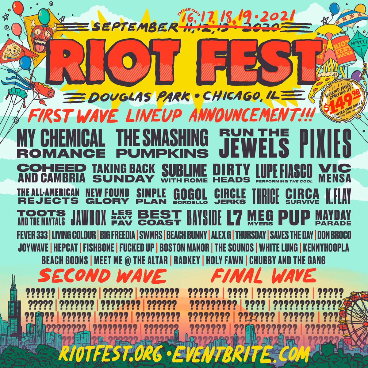 RiotFest's tweet photo. 445 days until Riot Fest 2021. First wave lineup is here. More bands, and headliners, and surprises still to be announced! https://t.co/YsyEkpFODQ 
Tickets are on sale now. https://t.co/UlAduEPPgG https://t.co/JevFYrr0TH