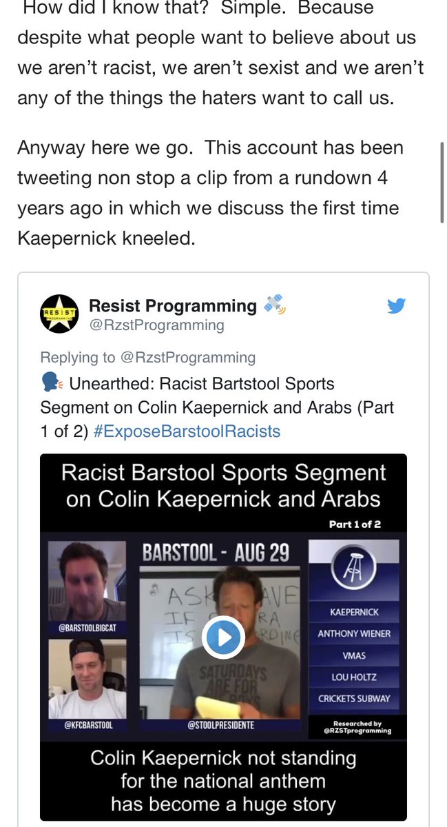 “We aren’t racist.” This is Barstool Founder Dave Portnoy response to this video where he literally says, “I’m going to say something that’s racist.”No apology. He justifies his racist comments toward Kaepernick and Arabs.David Portnoy says he is “uncancellable.”