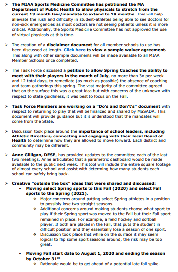 MIAA033's tweet photo. Read highlights from @MIAA033 COVID-19 Task Force recent meetings. This working group will make recommendations to the #MIAA BOD based on state guidelines.

Active link here: https://t.co/CRgYoU1hia

@sbryantMIAA @Napa13 @MarshfieldSuper @MSSADA8 @MSAA_33  @RpearsonMIAA_MS https://t.co/eT2Yj818Dn