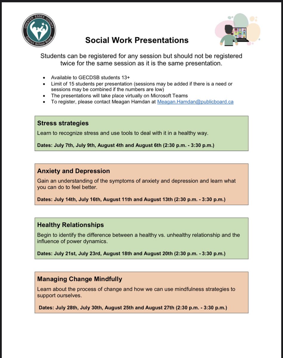 GECDSB Student Well-Being is excited to be able to offer summer sessions to our students aged 13+.   Register today!!