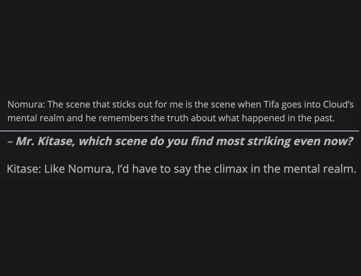 Tetsuya Nomura (director & concept design) & Yoshinori Kitase (producer)This is going to be the most epic scene in 7R, i can see it'll happens 