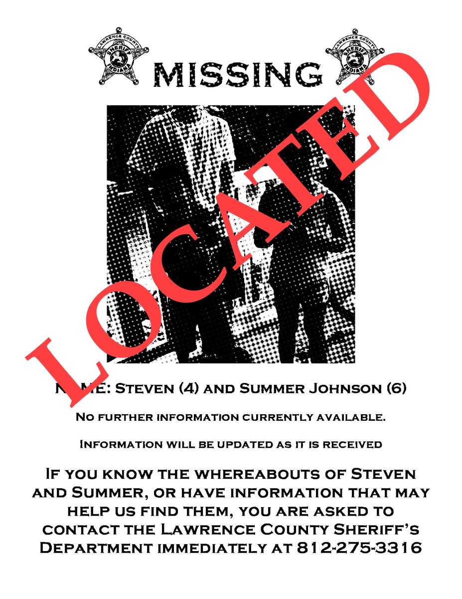 LawrenceCoPD_IN's tweet photo. Steven and Summer have been safely located. 

We realize there was very little information provided on our original post, however, sometimes that is all we have to go with, at the time, and we did not want to delay getting the information out to our social media platforms. https://t.co/sOVsaSgon7