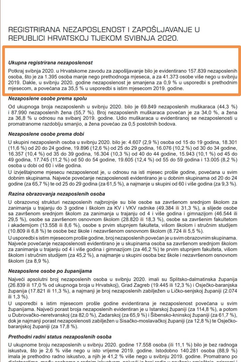 DBregovac's tweet photo. 'Danas imamo više zaposlenih nego prije krize u veljači, za 2234 osiguranika', rekao je @AndrejPlenkovic. A to što imamo 35.5 % nezaposlenih više nego u svibnju 2019.? Valjda nije bitno. Jer COVID-19 je postao isprika za 4 godine NERADA! #izbori2020 #birajodgovorno #politikaHR https://t.co/GmgQktxUmp