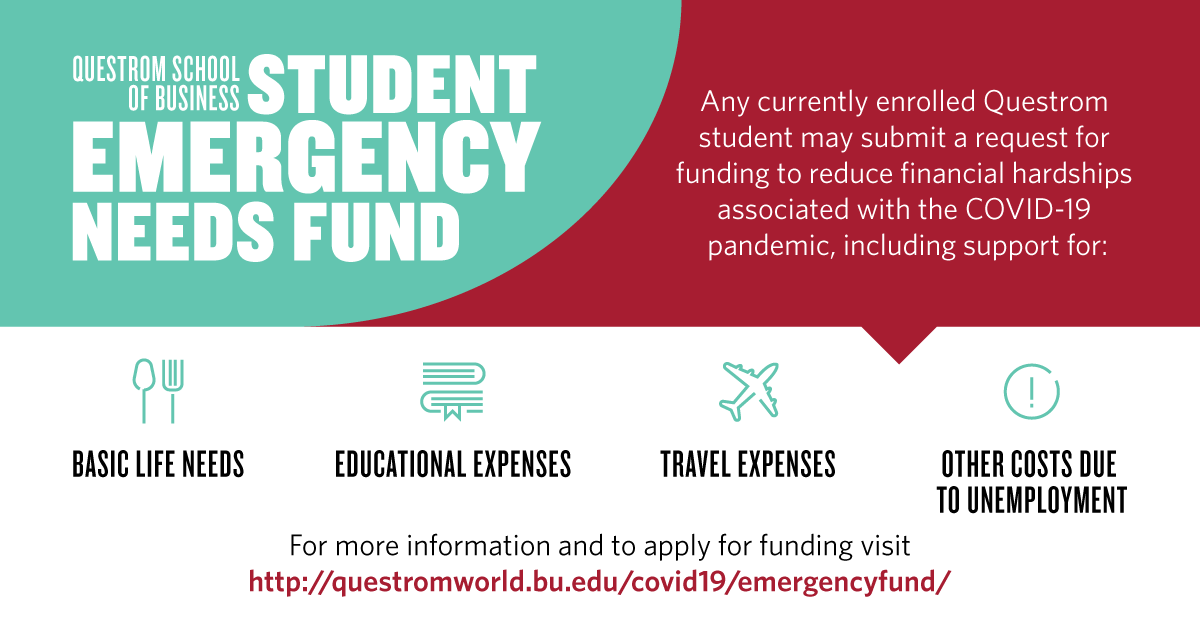 BUQuestrom's tweet image. Questrom has launched a COVID-19 Emergency fund to help currently enrolled Questrom students directly impacted by the #COVID19 crisis and the resulting economic downturn. Visit questromworld.bu.edu/covid19/emerge… for more information or to apply. #questromlife
