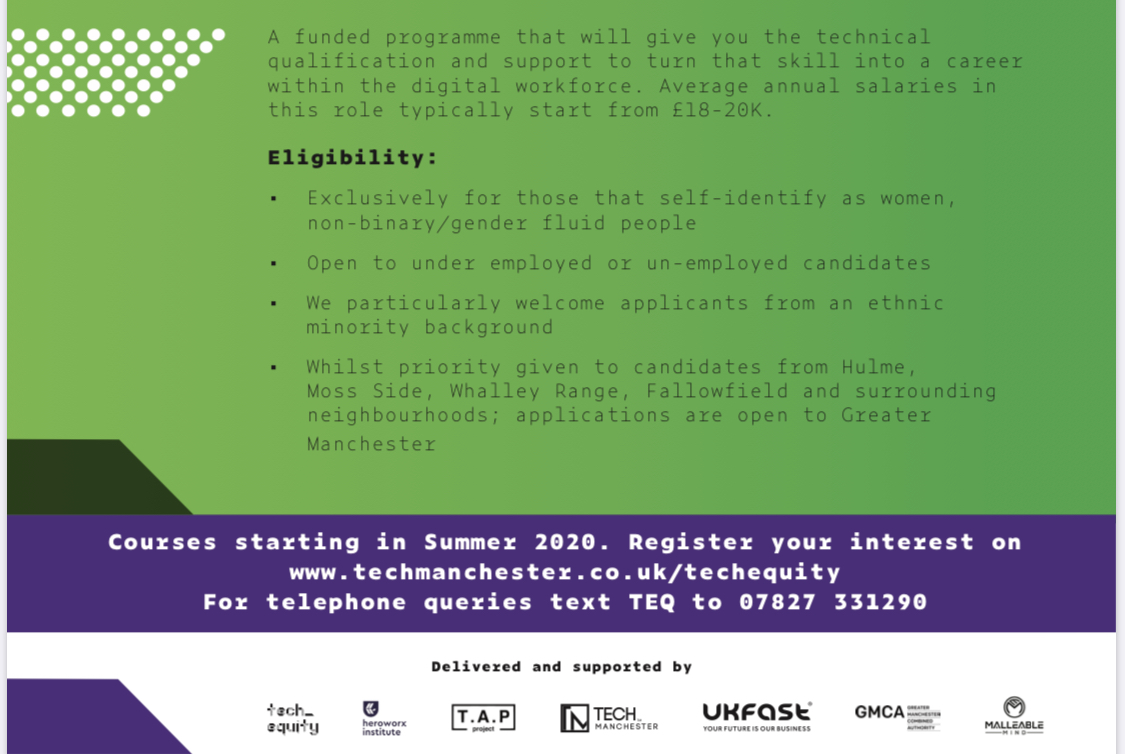 tecmcr's tweet photo. Transformational career training course launching Summer 2020. #TechEquityMcr. For those that self-identify as women, non-binary &amp; gender-fluid. Includes guaranteed job interview @ukfast or @WeAreM247  Particularly welcome BAME candidates Register via https://t.co/vi8mvLJXGY https://t.co/w8MjrF36k3