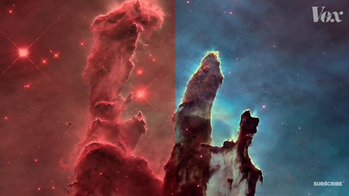 Contoh: "Pillars of Creation", Nebula Eagle. Kalau mata kita secanggih teleskop, kita akan melihat nebula ini berwarna merah seperti di kiri gambar.Bagian kanan gambar itu diwarnai secara digital dengan "warna palsu".