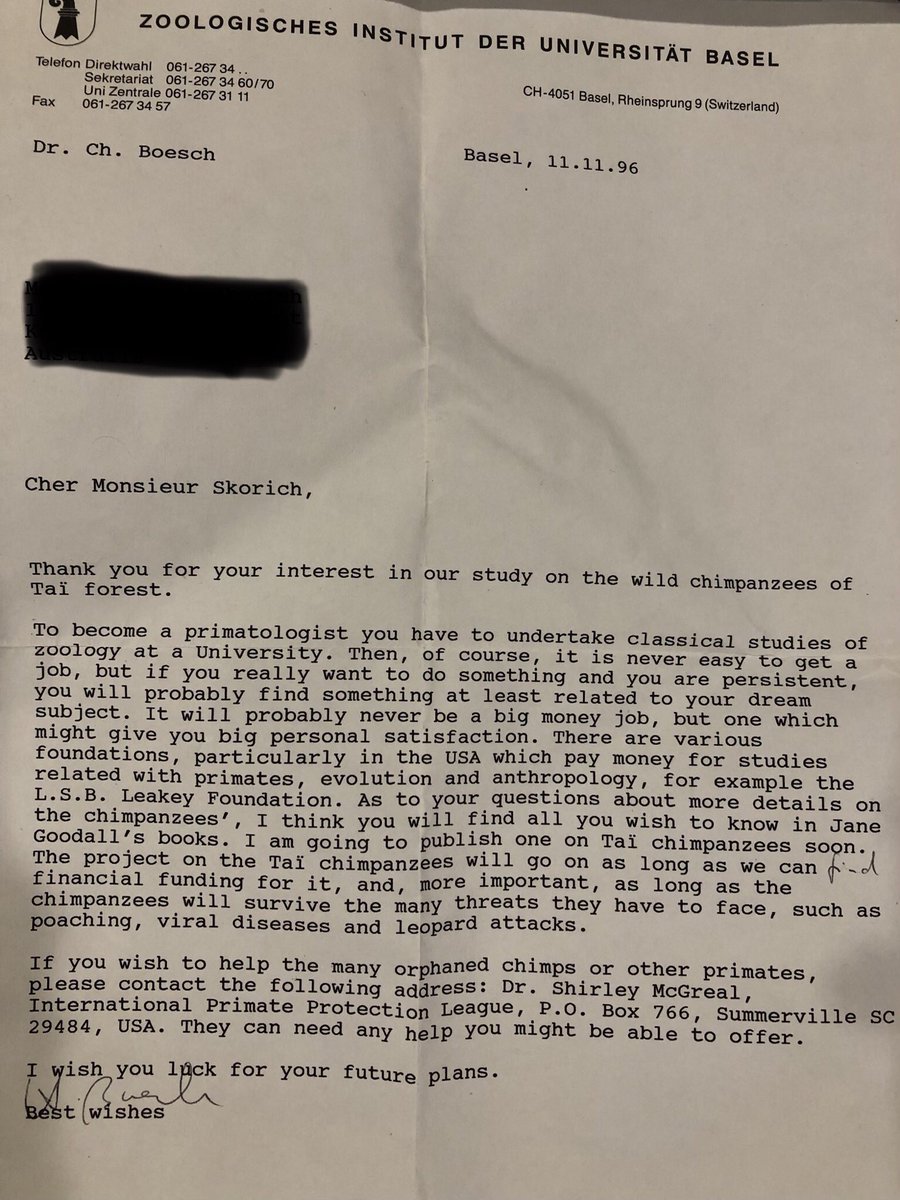 In a lab meeting today, a student asked everyone how/when they decided to pursue a research career. I told them how I wrote a letter to a Swiss zoologist when I was 13 asking him how to become a wild chimp researcher. He replied to my letter. I found his reply in a box today. 1/2