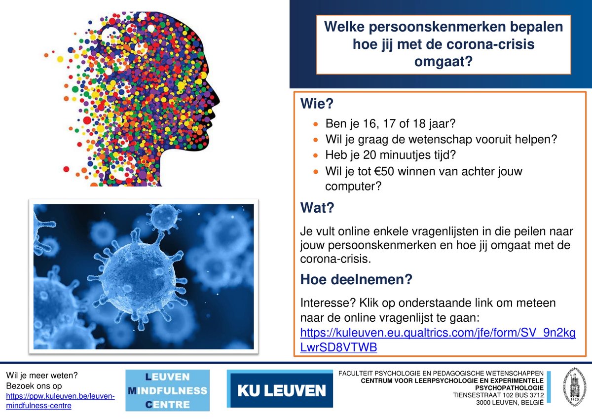 KU Leuven is op zoek naar jongeren van 16 t/m 18 jaar voor deelnaame aan een online bevraging. Wil je helpen en tot €50 winnen van achter jouw computer? Klik op onderstaande link en start vandaag nog. De bevraging duurt alleen 20 minuten. kuleuven.eu.qualtrics.com/jfe/form/SV_9n…
<a href="/PPW_KULeuven/">PPW_KULeuven</a>