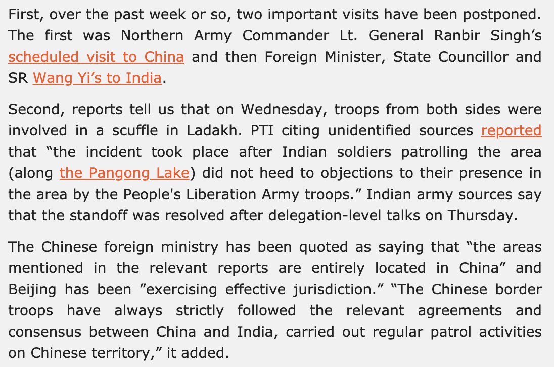 In early September, there were frictions everywhere. Pangong Tso, CPEC, delayed visits, and confusion over the informal summit. Imp to note: Pangong Tso had seen scuffles in Aug. 2017 too:  https://mailchi.mp/cb6a7a779fc8/eye-on-chinadelhi-beijing-frictions-net-rules-inspections-af-pak-trilateral-merkels-visit-xis-reform-meeting-trade-thaw-with-us?e=[UNIQID]
