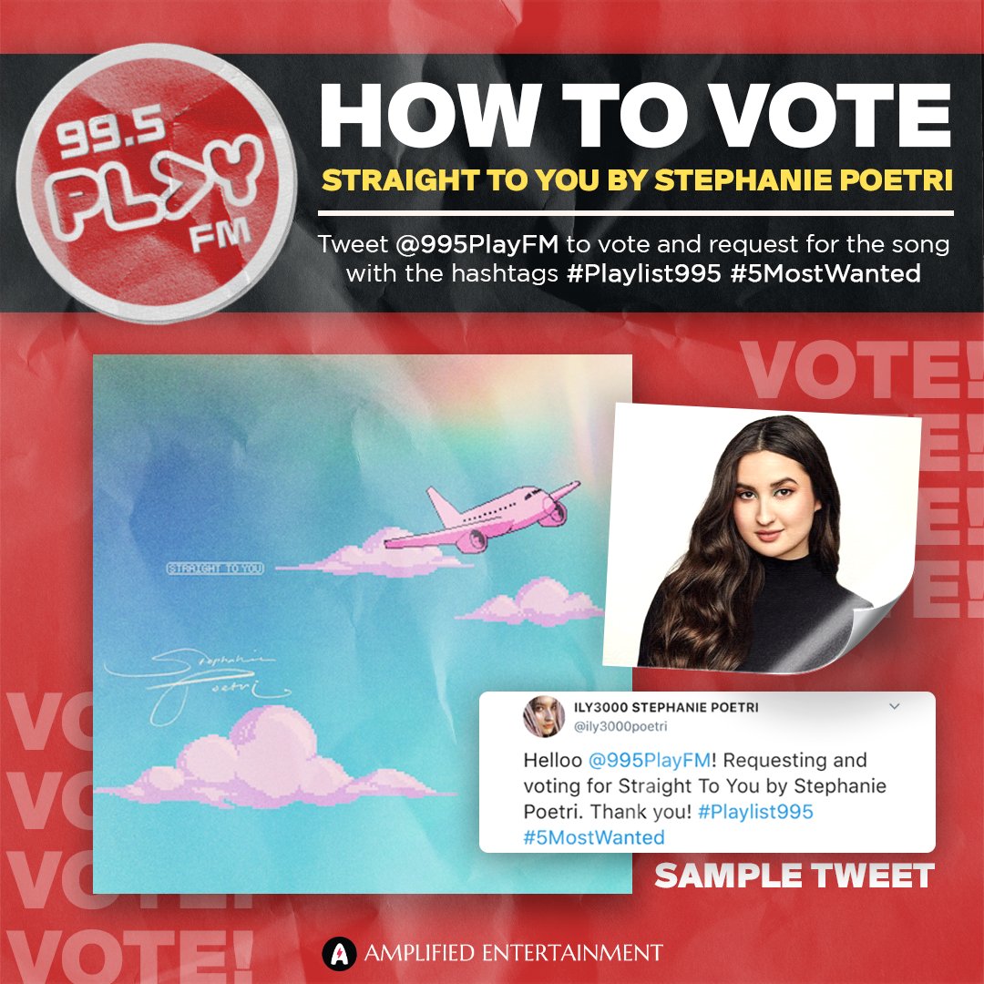 amplifiedentph's tweet photo. Let’s vote for @poetristephanie on @995PlayFM! Currently at #34, let’s get those votes in and get #StraightToYou straight to number one!
#StephaniePoetri #88rising https://t.co/OE7D1Yf0nk