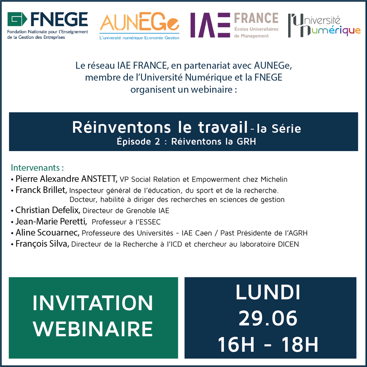 IAEFRANCE's tweet photo. ⚠️RAPPEL⚠️
RDV 📅aujourd'hui à partir de ⏱️16h pour le 2ème épisode "Ré-inventons le travail" d'une série @ActuFNEGE @Aunege @IAEFRANCE sur le thème "𝐑é-𝐢𝐧𝐯𝐞𝐧𝐭𝐨𝐧𝐬 𝐥𝐚 #𝐆𝐑𝐇".
Infos et inscriptions ➡️ https://t.co/UsPhNWp69t https://t.co/7EaiaUpvkL