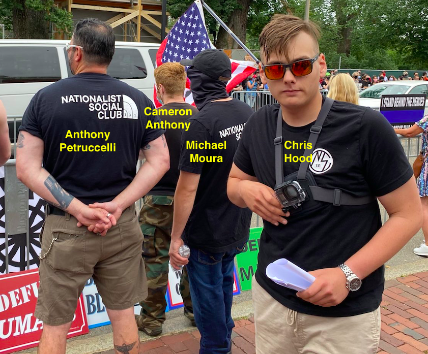 1/ On Saturday, June 27, 2020, a group of neo-Nazis joined Super Happy Fun America at a pro-police rally.The group is the Nationalist Social Club.Their names are Anthony Petruccelli, Cameron Anthony, Michael Moura, and Chris Hood.