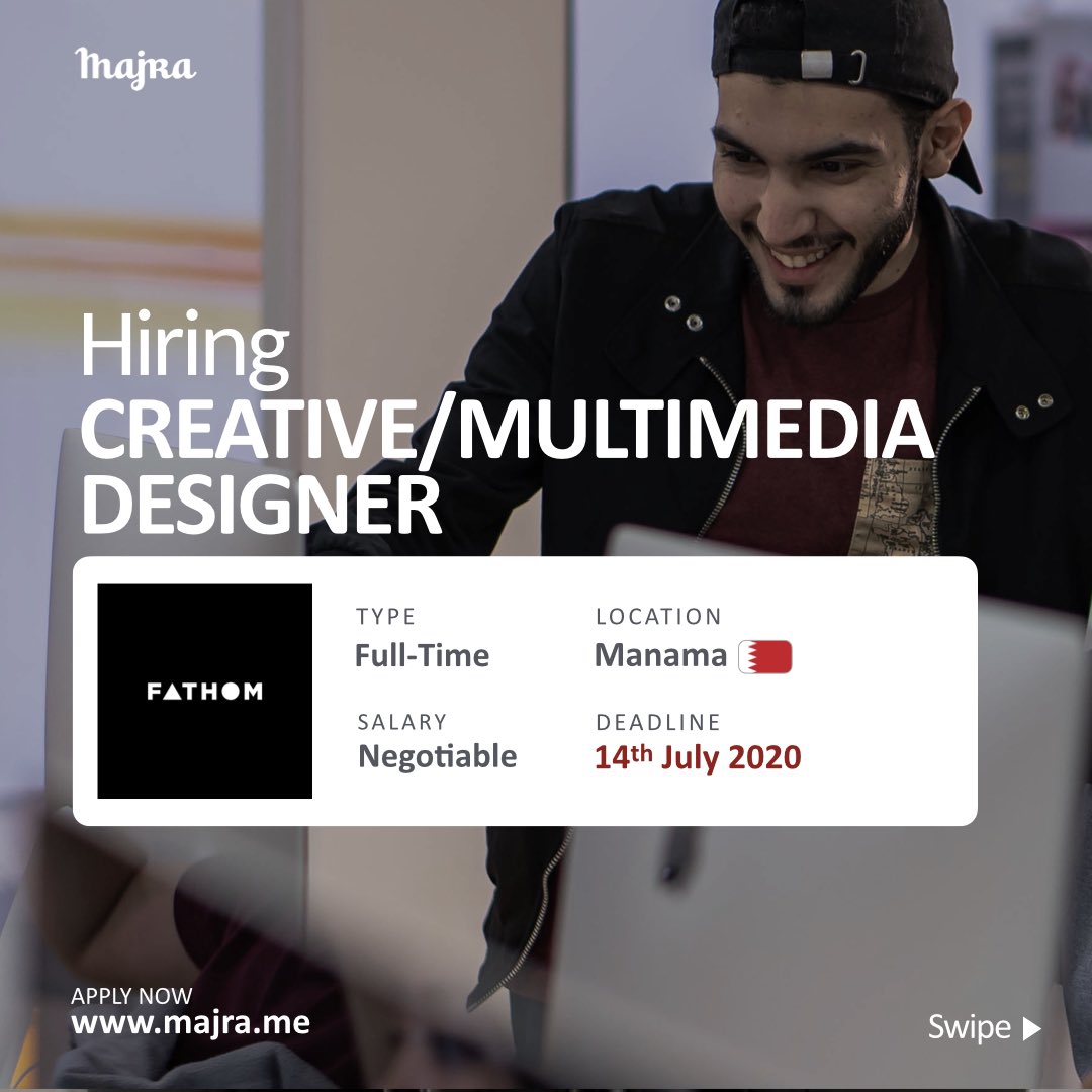 MajraHQ's tweet photo. Looking to work in a fun and creative environment? Fathom is the place for you! They are currently hiring for a Creative/Multimedia Designer, find out more here https://t.co/08f0PI52qM https://t.co/2HHH7tMyur
