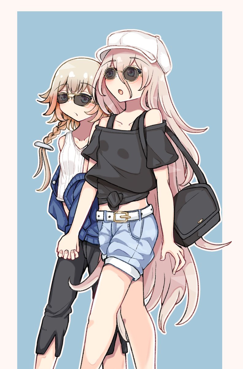 ia (vocaloid) multiple girls 2girls sunglasses shirt shorts long hair bag  illustration images