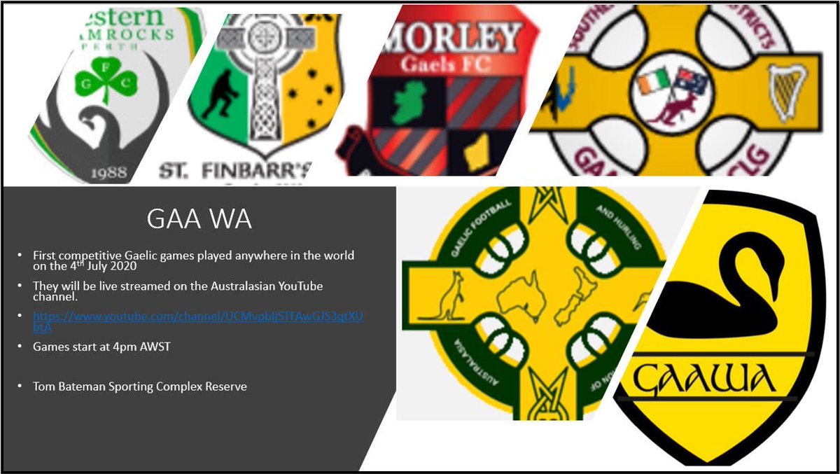 The first competitive Gaelic games played anywhere in the world will take place in WA on the 4th July 2020

They will be live streamed on the Australasian YouTube channel.

youtube.com/channel/UCMvpb…

Games start at 4pm AWST
