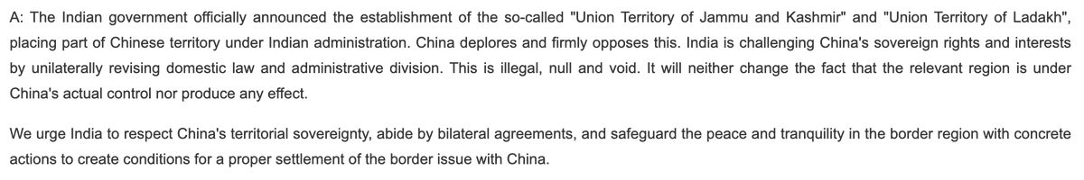 As Ladakh became a UT, this is what CN MoFA said: "This is illegal, null and void. It will neither change the fact that the relevant region is under China's actual control nor produce any effect." So Beijing understood that ground realities do not change.  https://mailchi.mp/715ca8826559/eye-on-china-4th-plenum-jk-barbs-us-on-tibet-pompeos-challenge-blockchain-cryptography-afghan-talks-hk-protests-brussels-espionage?e=[UNIQID]