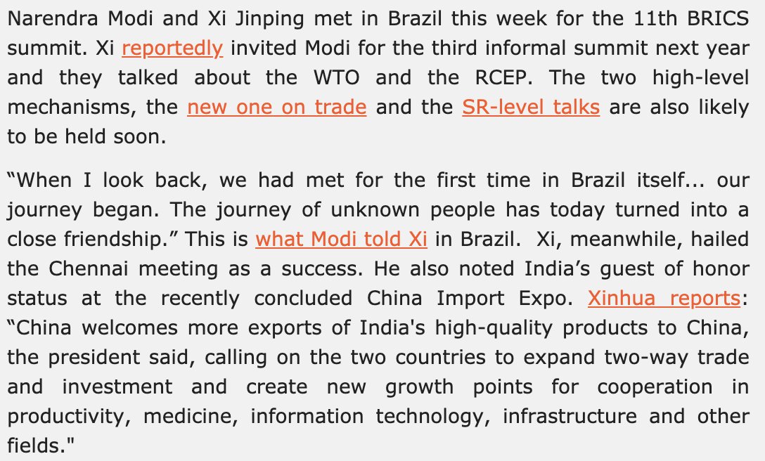 In November, India walked out of the RCEP deal, but Modi-Xi met in Brazil for the BRICS meeting. Xi still sounded fairly upbeat about the relationship.  https://mailchi.mp/7656acad8c85/eye-on-china-hk-turmoil-brics-meet-auto-boom-bank-jitters-ufwd-hits-india-patriotic-education-dhakas-smart-city-us-commissions-report?e=[UNIQID]