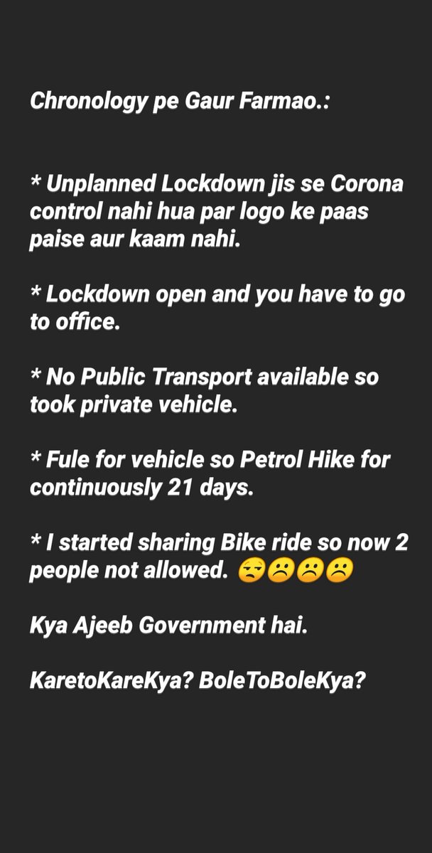 whoadilhussain's tweet photo. Chaahte kya ho? ☹️☹️☹️☹️
#2kmRadius #ModiBabuPetrolBekabu #lockdownextension #COVIDIOTS https://t.co/IGMCPA64HH