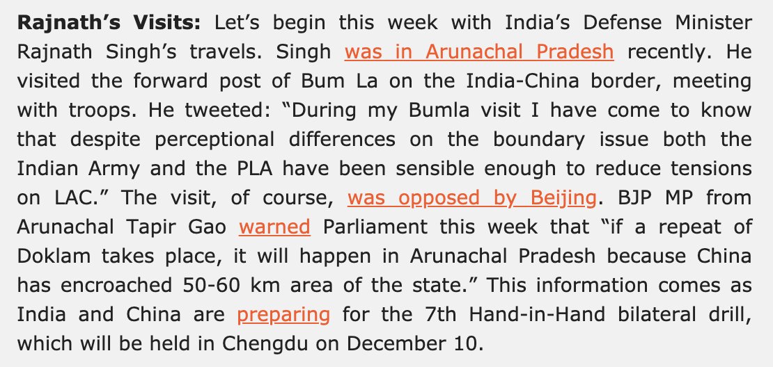 Later in the month, there were a few developments. First Defense Minister Rajnath Singh's visit to Arunachal and Bangkok for an ASEAN dialogue. Also, a report on India's border infra push.  https://mailchi.mp/c730ac376a96/eye-on-china-hk-siege-xinjiang-papers-gdp-revision-new-industrial-plan-rajnaths-visits-tibet-frictions-us-deal?e=[UNIQID]