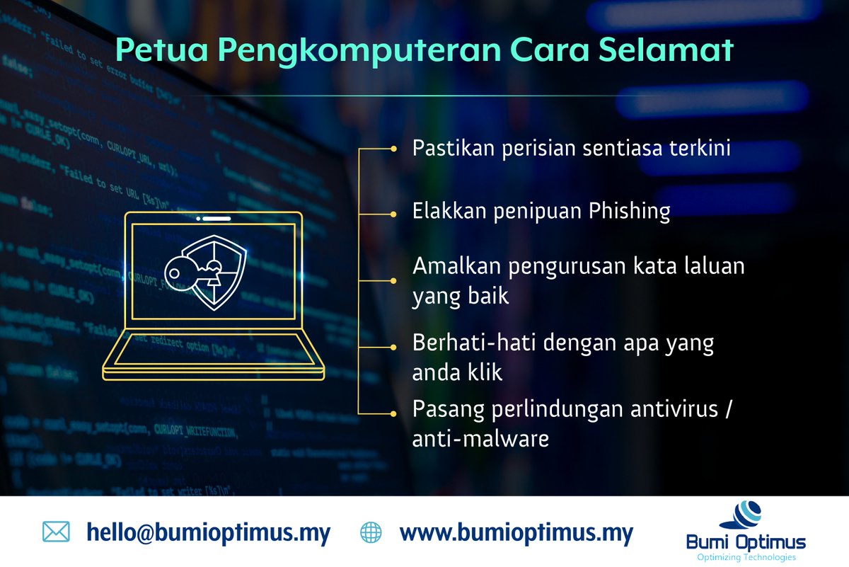 BumiBhd's tweet image. Biasakan penggunaan pengkomputeran dengan petua-petua dibawah.
Visit us @ bumioptimus.my
Contact us @ +603-7682 2209
#bumioptimus #computingtips #antivirus #softwareupdate #malaysia