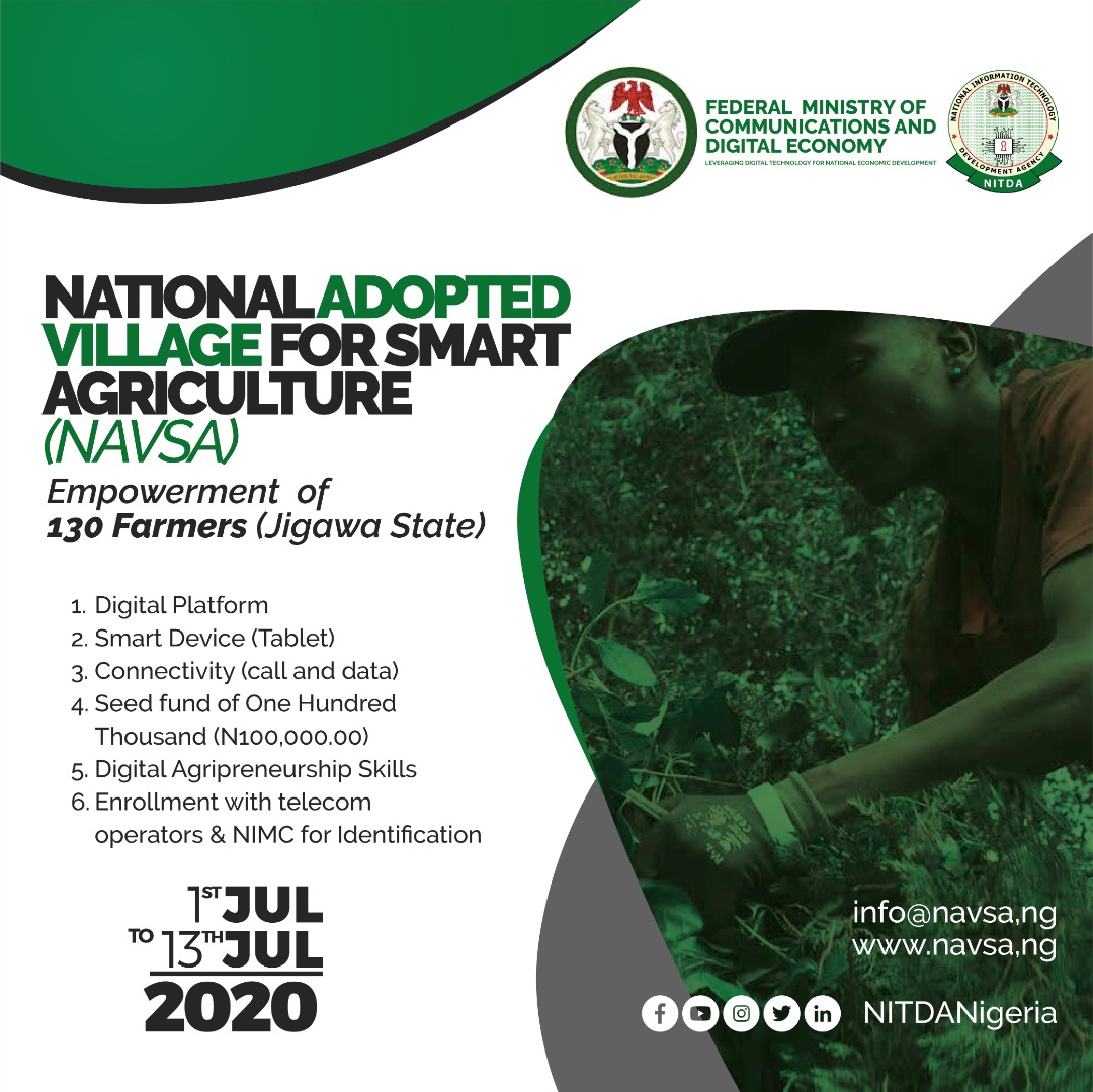 NITDANigeria's tweet photo. In line with President @MBuhari's administration drive to lift 100m Nigerians out of poverty, @NITDANigeria, under the supervision of @FMoCDENigeria kick starts job and wealth creation programme by adopting 130 farmers on National Adopted Village for Smart Agriculture (NAVSA). https://t.co/Z4cWdrlQgs