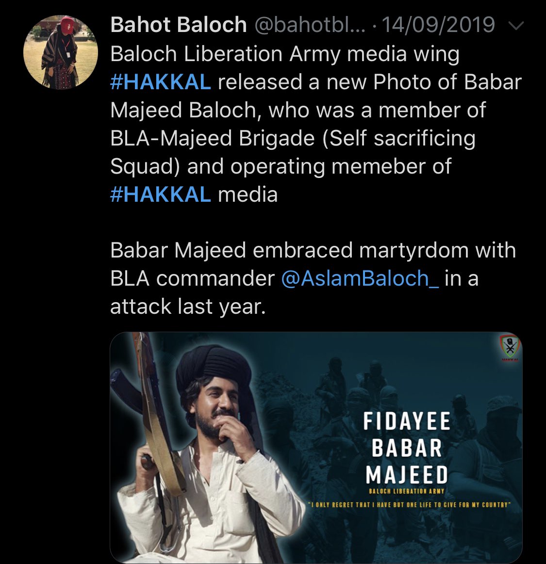 Babar Majeed was killed with Aslam Achu in an internal gang war during the bomb attack at the  #BLA compound in Ayno Mina neighborhood of Kandahar in Afghanistan.BLA social media accounts claimed him as an active terrorist working for BLA & being killed in Afghanistan./102