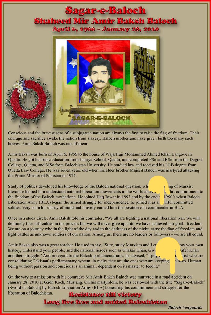 The third one is Amir Baksh Sagar, he was also a marxist idealogue student leader and a notorious BLA commander.Notice, how the  #BLA propaganda machine claims that he killed in a “road accident” while on a mission, when infact BLA terrorists killed him themselves./113
