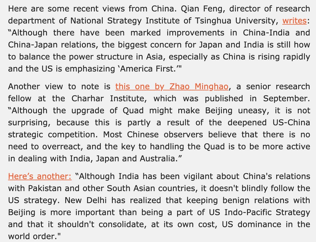 As reports emerged of India-Japan and India-Australia holding 2+2 dialogues, here's what Chinese analysts were saying. These are really interesting comments, which seem to suggest more nuance than we commonly assume.  https://mailchi.mp/3d3eb5bac8ec/eye-on-china-trade-deal-22-quad-economic-goals-tech-chips-wang-in-myanmar-reshaping-cpec-human-rights-xinjiang-campaign-hk-art-23?e=[UNIQID]