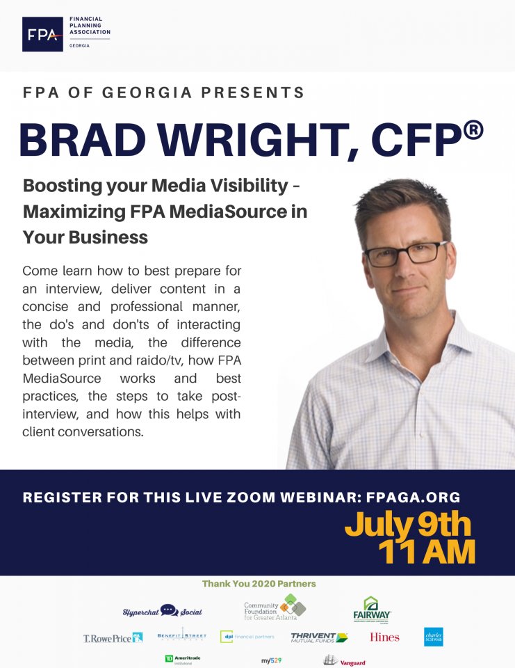 FPAGeorgia's tweet photo. Save the date! We're hosting a webinar featuring Brad Wright on Thursday, July 9, at 11am EST.
Register for the webinar here: https://t.co/IoJe8hSF1K
To learn more about our 2020 webinar package deal, click here: https://t.co/FniHDh0r9B
#FPA #FPAGA #financialplanning https://t.co/AW3ZBlPejJ