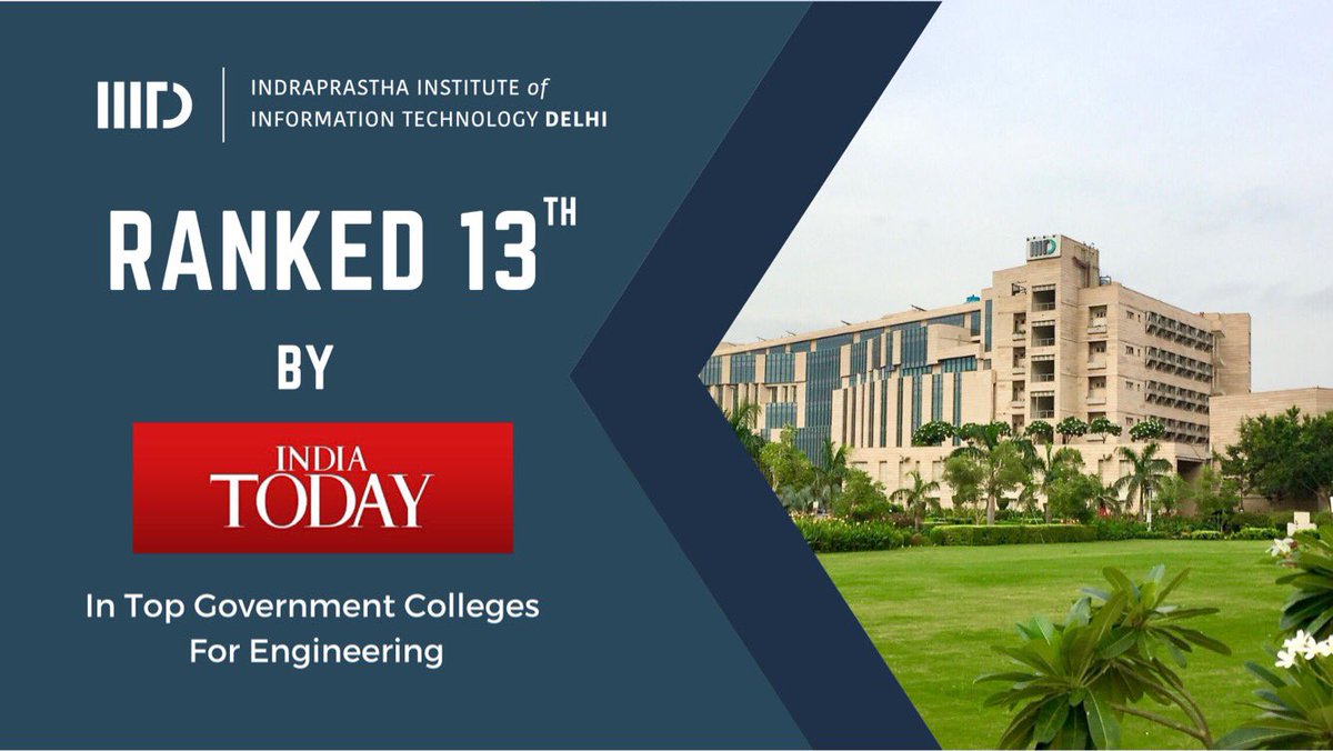 We are delighted to inform that IIIT-Delhi has been ranked 13th in the category 'Top Government Colleges for Engineering in 2020' by <a href="/IndiaToday/">IndiaToday</a> 

#iiitdelhi #indiatodayranking #iiitd #engineering #CollegeRanking2020 #IndiaTodayBestColleges20 #govtcollegesindia #admission2020