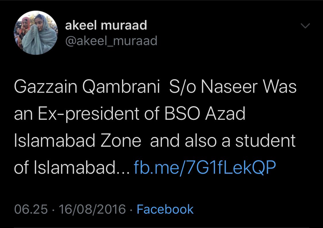 -Gazzain Qambrani was an active member of BSO-Azad.He was not only a member, but the President of the banned terror group BSO-Azad Islamabad Zone, that works as a recruiting arm of  #BLA, UBA & BLF for students in Islamabad educational institutions such as QAU./127