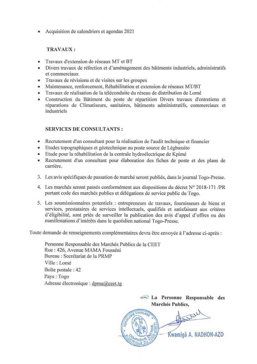 Avis Général de Passation des Marchés Publics de la CEET 2020. #CEET #Tginfo #TgTwittos