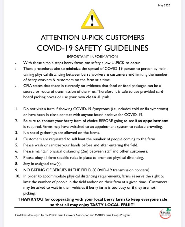 CormiersBerries's tweet photo. COVID-19 Provincial &amp; Cormier’s Upick Guidelines. Our priority is the safety of our customers, our staff, and us. #covid19sucks #upickguidelines #MbAg #strawberryupick #cormiersberrypatch https://t.co/V7Me7gyDDU