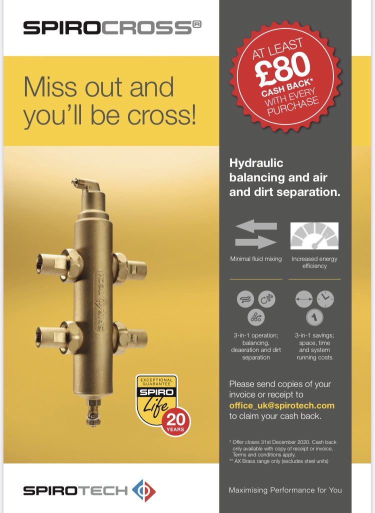 GoodyerDave's tweet photo. Well it’s almost July.😎
Our fantastic @SpirotechUK Installer cashback offer starts Weds &amp; runs for the rest of the year.Hopeully this will help in some difficult times 💷
A great product now at an even better price.
3 in 1 operation balancing,dirt &amp; air separation
#SpirocrossAX https://t.co/GVkfPaydFG