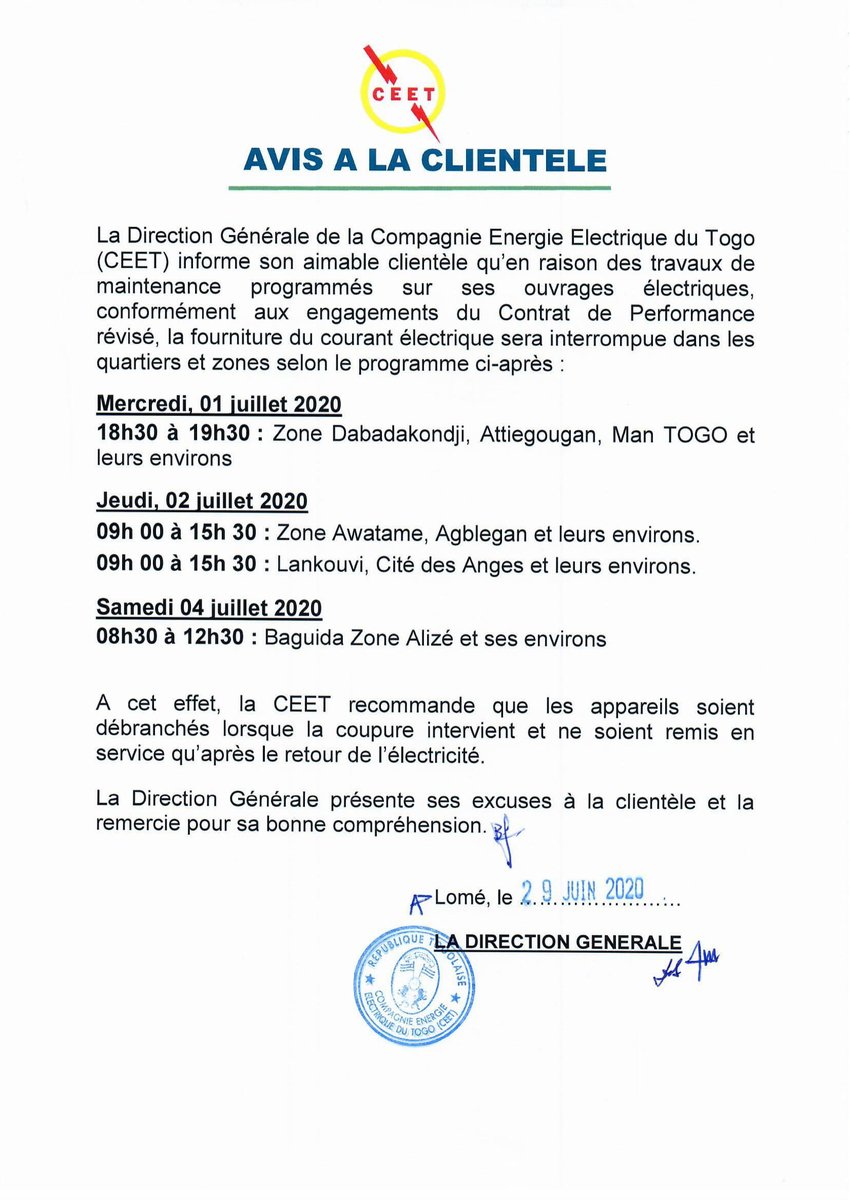 Avis à la clientèle du 1er au 04 juillet 2020. #CEET #Tginfo #Energie #TgTwittos