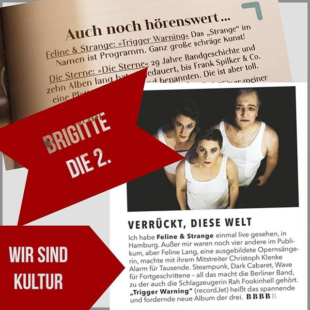 felinelang's tweet photo. Weiß nicht, ob wir die erste Band sind, die je zweimal hintereinander in der Brigitte waren. Aber ganz sicher die stolzeste.
Passen dazu ist seit heute TRIGGER WARNING auch auf Amazon und Co. in der laden- und Cd-Regal-freundlichen Edition erhältlich.
#CD #twfs #triggerwarningal https://t.co/TfrifCZZ1J