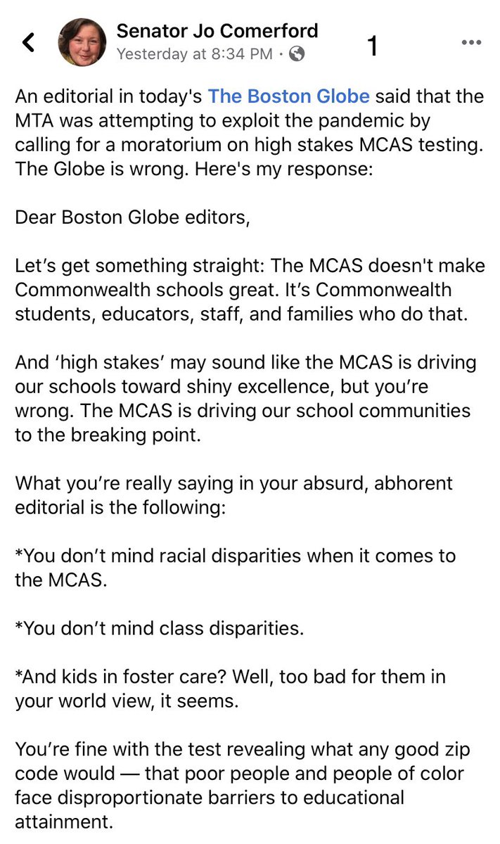 MonaLisaLvsHeah's tweet image. In response to a Boston Globe editorial, Senator @Jo_Comerford defends her bill w/@massteacher in calling for a 4 yr moratorium on MCAS testing in order to “build back stronger &amp;amp;more equitably from COVID-19”: massteacher.org/news/2020/06/m… 
Thank you Sen Comerford! #MAedu #lesstesting