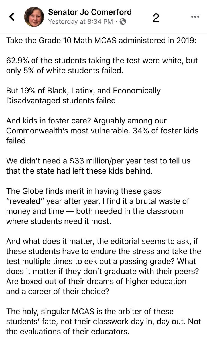 MonaLisaLvsHeah's tweet image. In response to a Boston Globe editorial, Senator @Jo_Comerford defends her bill w/@massteacher in calling for a 4 yr moratorium on MCAS testing in order to “build back stronger &amp;amp;more equitably from COVID-19”: massteacher.org/news/2020/06/m… 
Thank you Sen Comerford! #MAedu #lesstesting