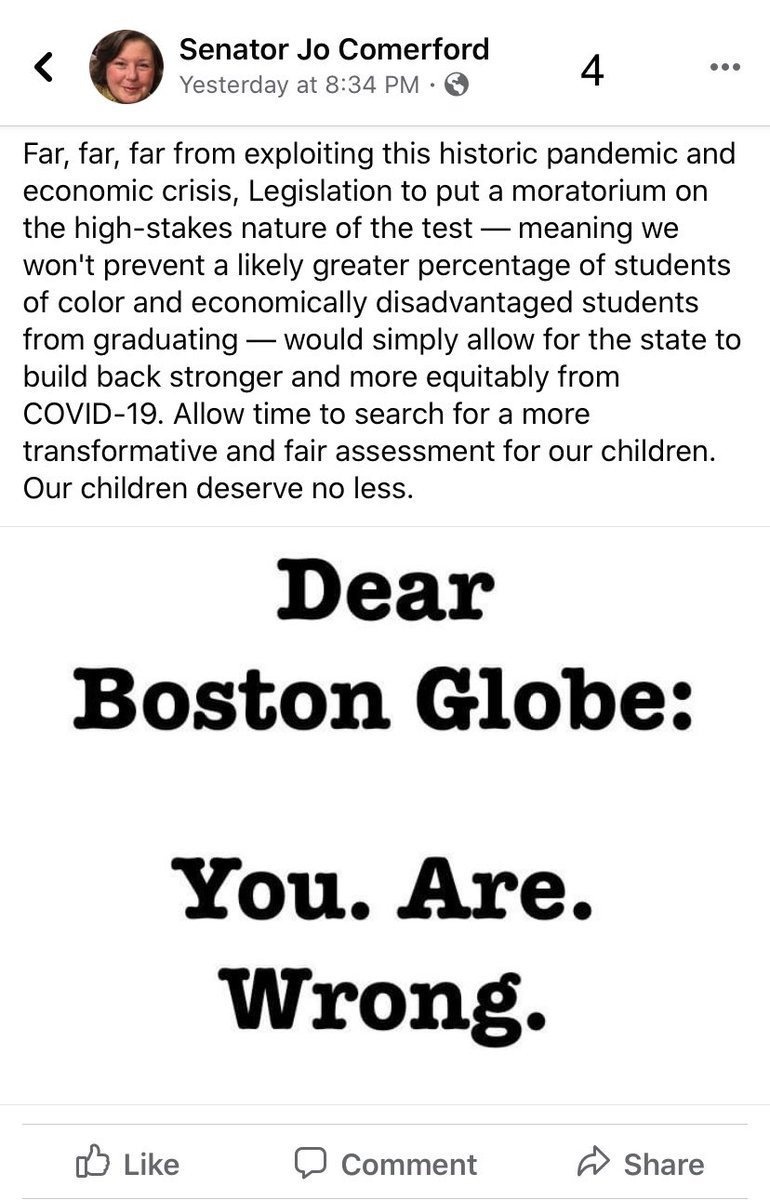 MonaLisaLvsHeah's tweet image. In response to a Boston Globe editorial, Senator @Jo_Comerford defends her bill w/@massteacher in calling for a 4 yr moratorium on MCAS testing in order to “build back stronger &amp;amp;more equitably from COVID-19”: massteacher.org/news/2020/06/m… 
Thank you Sen Comerford! #MAedu #lesstesting