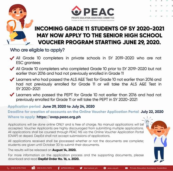SanBenildo1997's tweet photo. BENILDEANS, BE INFORMED!
Private Education Assistance Committee (PEAC) SENIOR HIGH SCHOOL VOUCHER PROGRAM FOR INCOMING GRADE 11 STUDENTS.
#CoSBRizal #BenildeansBeInformed #Admissions #Enrolment #BenildoScholarships #PEAC #SHSVP #SHSVoucherProgram #AnimoBenildo #WeAreBenildo https://t.co/LvOwh6iRUf
